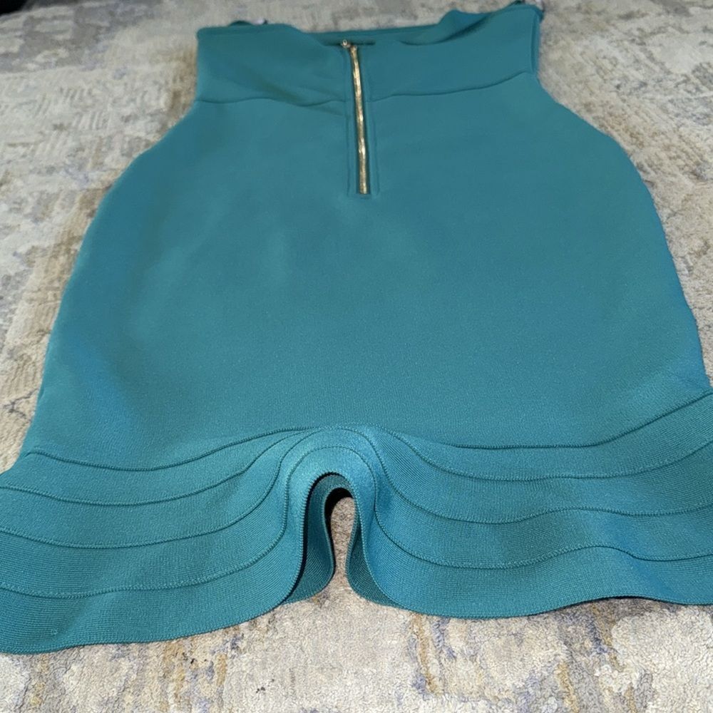 Women's V Neck Halter Fishtail Bandage Bodycon Dress L EUC peacock green - Picture 13 of 14